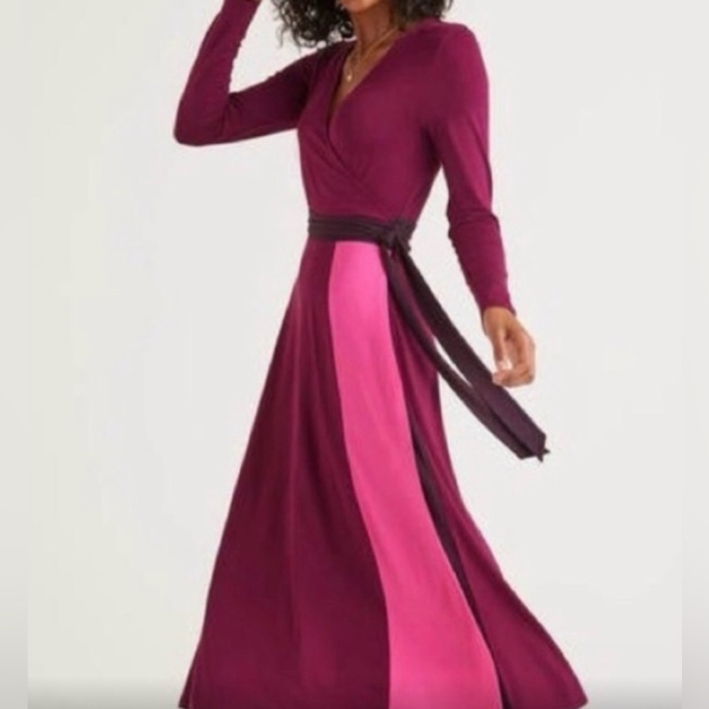Boden Long Sleeve Color Block Wrapped Dress in Purple and Pink - Picture 2 of 9